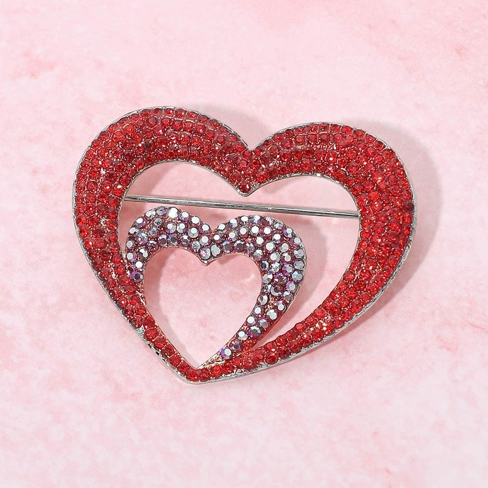 Silver Red Crystal Rhinestone Double Layer Heart Pin Brooch Statement Accessory